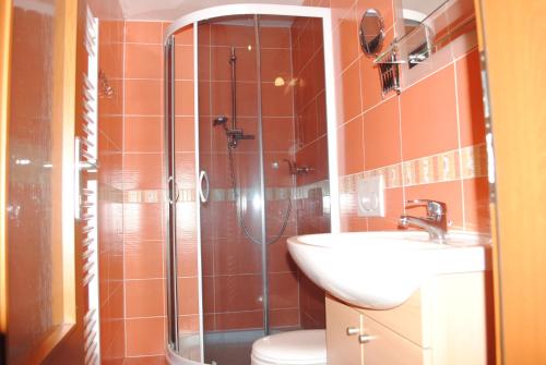 a bathroom with a shower and a sink and a toilet at Golem Tatranská Štrba in Tatranska Strba