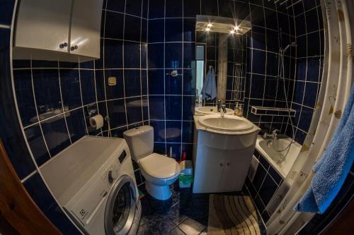 W wyłożonej niebieskimi kafelkami łazience znajduje się toaleta i umywalka. w obiekcie Apartament Zdrojowa 45 w Kudowie Zdroju