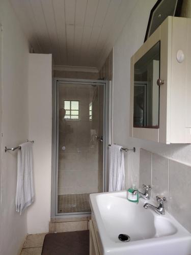a white bathroom with a sink and a shower at Heights in Cedara
