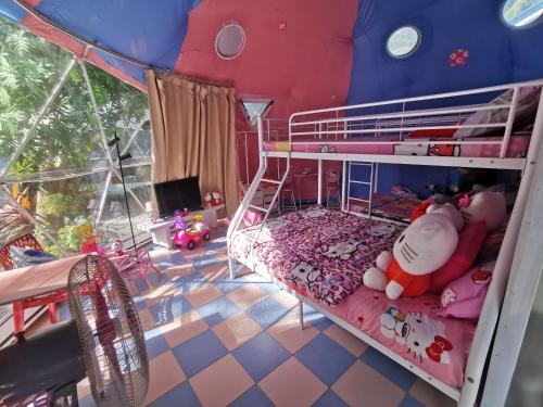 a bedroom with a bunk bed with pink and blue walls at Groups & Families Glamping Dome Beach Resort Dauin in Dauin