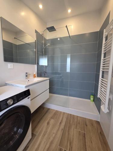 a bathroom with a shower and a sink and a washing machine at Studio RDC proche aéroport in Saint-Laurent-de-Mure