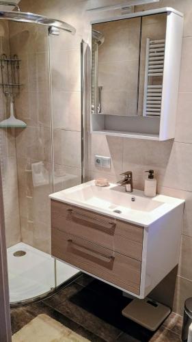 a bathroom with a sink and a shower at Ferienwohnung Gräßl - Almzeit in Preitenegg