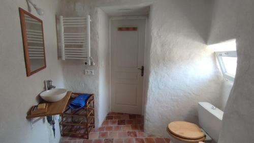 a bathroom with a toilet and a sink at La Ferme du Papillon in Pougne-Hérisson