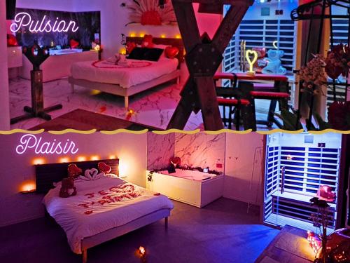 a room with two beds and lights in it at Maisons Plaisir & Pulsion Spa Sauna Privé in Allauch