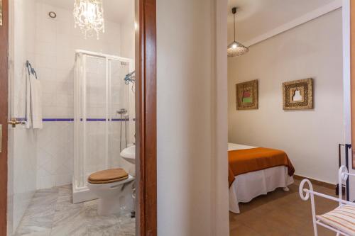 セビリアにあるラ　カーサ　デル　マエストロ　ブティックのバスルーム(トイレ、シャワー付)、ベッド1台が備わります。