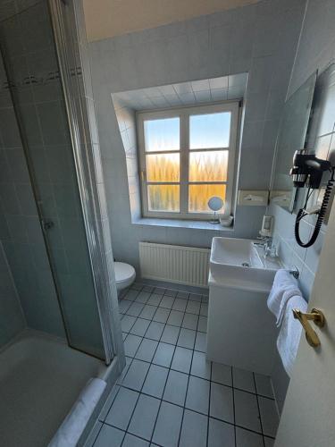 een badkamer met een wastafel en een toilet en een raam bij Hotel Pontivy in Wesseling