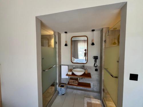 a bathroom with a sink and a mirror at Turquoise Bay Beach Apartments Trou d'Eau Douce in Trou d'Eau Douce
