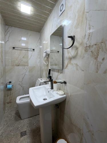 a bathroom with a sink and a toilet and a mirror at Arte Jermuk #3 in Jermuk