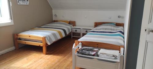 deux lits dans une petite chambre avec parquet dans l'établissement Maison de vacances, au Guilvinec