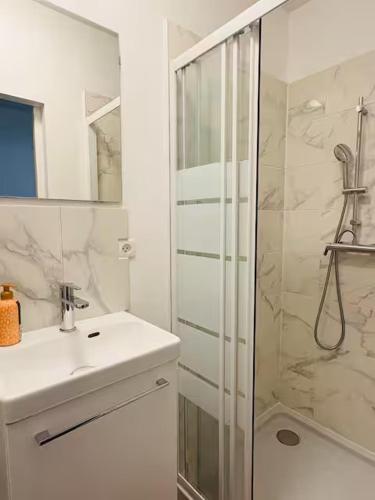 a white bathroom with a sink and a shower at La coloc' l 3 Chambres avec salle de bain & TV in Castres