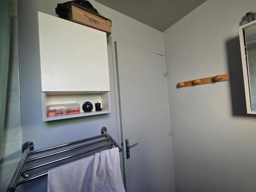 a bathroom with a towel rack and a shower door at The Private House in Paroy