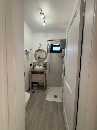 a bathroom with a sink and a toilet and a mirror at Loft Mouly in San Sebastián de la Gomera