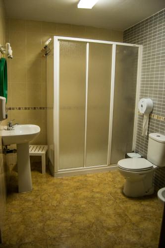 a bathroom with a shower and a toilet and a sink at Pension Carretero in Cáceres