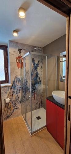 a bathroom with a shower and a sink at Valtour House in Valtournenche