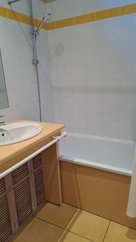 a bathroom with a sink and a bath tub at eurl l'ABRICOTIER in Saint-Macaire