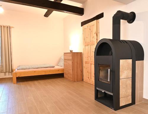 a living room with a wood stove in a room at Chalupa U lípy in Horní Bělá