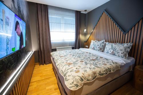 a bedroom with a bed and a flat screen tv at Mia's Modern Mountain in Kolašin