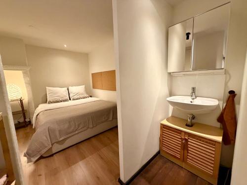 a small bedroom with a bed and a sink at Perfectly located home between Den Bosch & Vught in Vught
