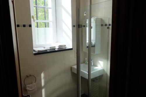 a bathroom with a shower and a sink and a window at Nice studio in 16th century castle in Aywaille