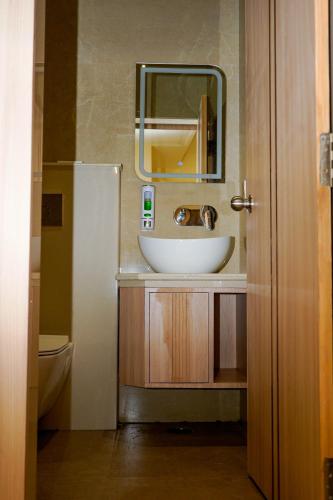 a bathroom with a sink and a mirror at Hotel The Elite in Jabalpur