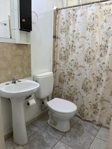 a bathroom with a toilet and a sink and a shower curtain at Eucalipto Dúplex in San Vicente