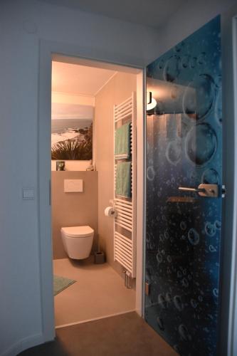a bathroom with a toilet and a shower at Moderne Unterkunft mit Wellnessflair in Bodelshausen