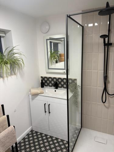 a bathroom with a sink and a shower at The Cozy Forge in Horley