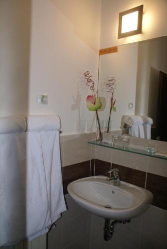 ein Badezimmer mit einem Waschbecken, einem Spiegel und Handtüchern in der Unterkunft Hotel Prunk in Sežana