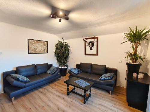 een woonkamer met twee banken en een tafel bij Das Bergnest Maishofen in Mitterhofen