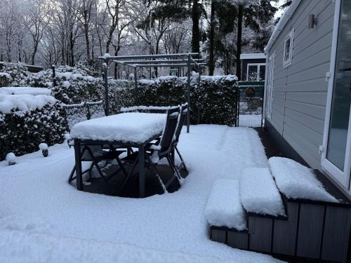 een tafel en stoel bedekt met sneeuw naast een huis bij Het Veluwse Boshuisje Hond welkom in Hoenderloo in Hoenderloo