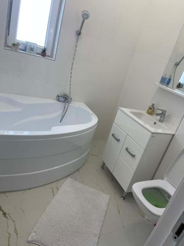 a bathroom with a tub and a toilet and a sink at Apartament in Suceava