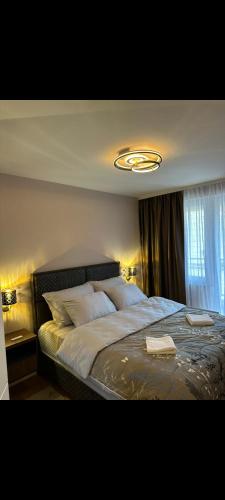 a bedroom with a large bed with a light on it at Sweet Home Pale in Pale