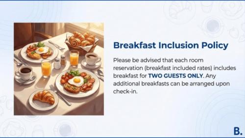 a flyer for a breakfast inclusion policy with eggs and breakfast foods at Asteria Melaka by Attic Suite in Melaka