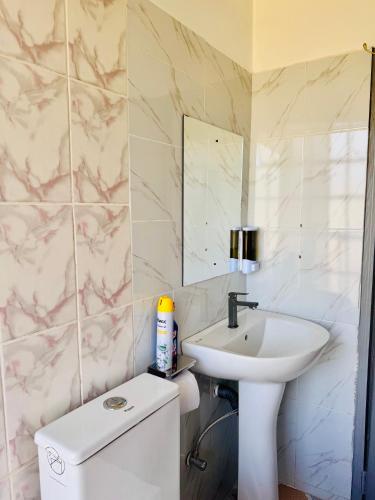 a bathroom with a sink and a toilet and a mirror at Bleu Haven in Kitale