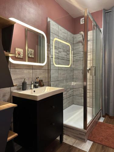 a bathroom with a shower and a sink and a showerspective at Le P'tit Croissant in Bayeux