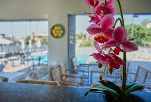 een vaas met roze bloemen op een tafel bij Ivory Serenity in Theologos