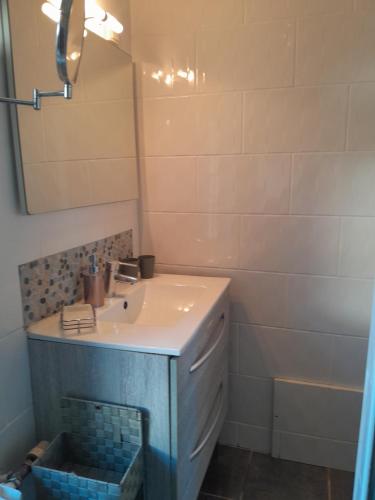 een badkamer met een wastafel en een spiegel bij Les oyats in Le Crotoy