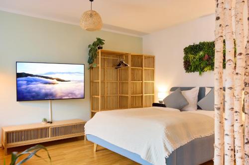 a bedroom with a bed and a flat screen tv on the wall at Großzügiges Studio-Apartment in Dresden