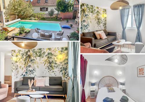 a collage of photos of a living room and a pool at Charme alsacien avec piscine, proche Strasbourg et Grand Ried in Nordhouse