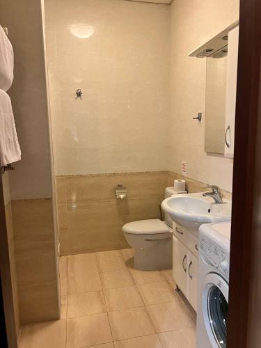 a bathroom with a toilet and a sink and a washing machine at Holiday Studio in Kozin