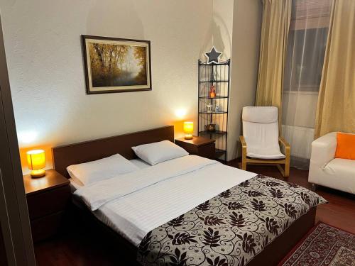 a hotel room with a bed and a chair at Holiday Studio in Kozin