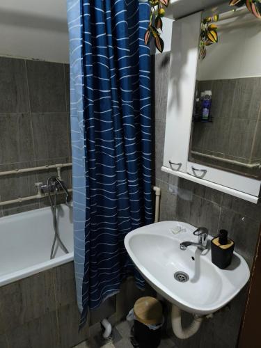 a bathroom with a sink and a blue shower curtain at Jednosoban stan centar Ela, in Pirot
