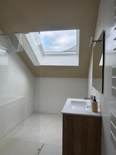 a bathroom with a sink and a skylight at Le gîte de L Échappée Alsacienne in Geispolsheim