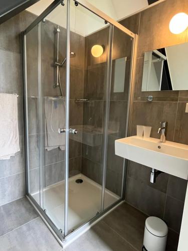 a shower with a glass door next to a sink at De Tuinkamer in Ouddorp