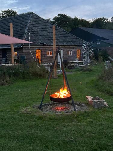 a fire in a fire pit in a yard at Erve Zonnehoeve Minicamping en Wijngaard in Vorden