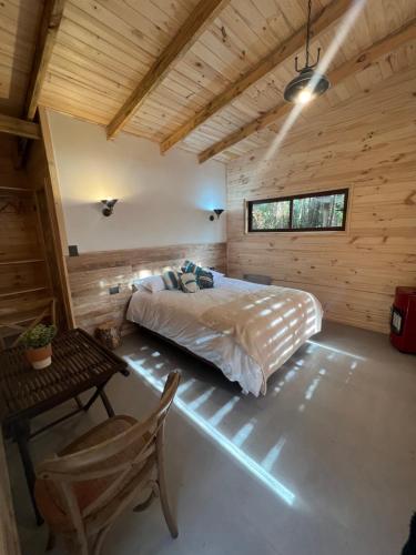a bedroom with a bed and a table in a room at K m 6 River Lodge in Pucón
