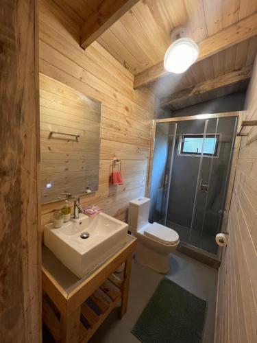 普孔K m 6 River Lodge的浴室里有洗手池、马桶和淋浴。