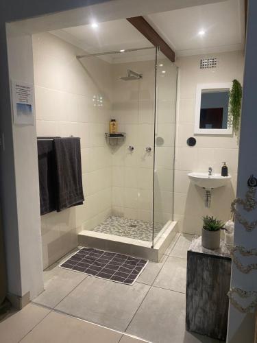 a bathroom with a shower and a sink at The Little Gem in Clanwilliam