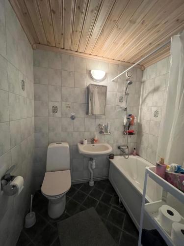 a bathroom with a sink and a toilet and a tub at Rymligt radhus in Borlänge