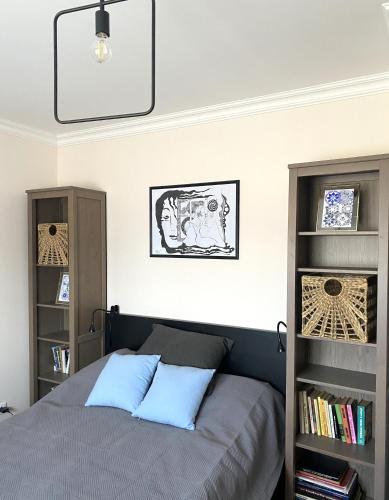 a bedroom with a bed and a book shelf at Rizling Vendégház in Balatonrendes